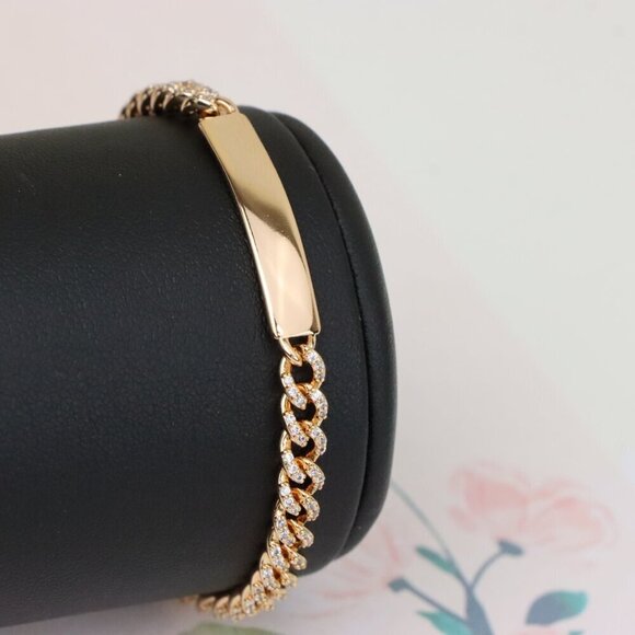 "Rose Gold Polished ID Bracelet with Pave Cuban Chain Design, XPBL0943 - Picture 3 of 11